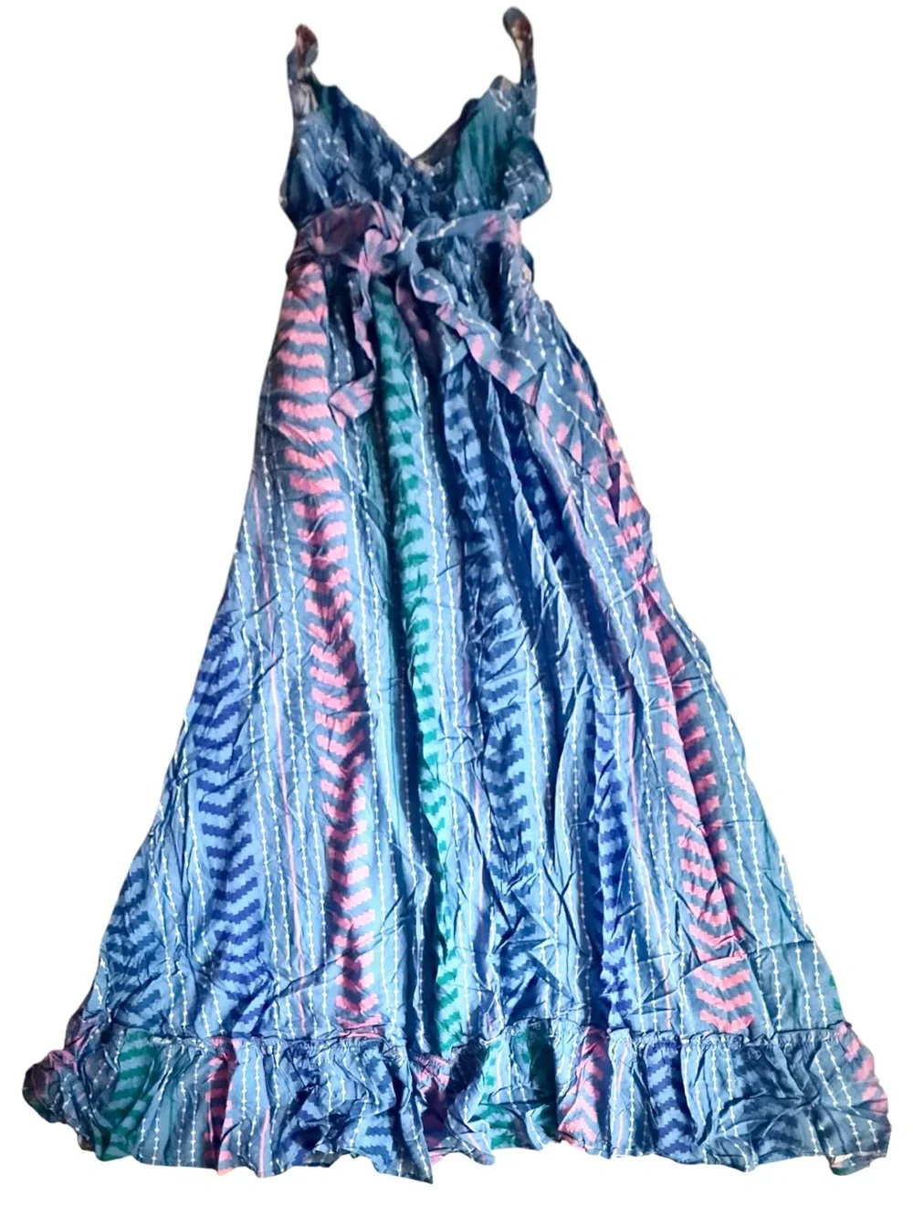 Cupshe Moonlit Stroll Blue Boho Maxi Dress Ruffle Hem Striped NWT Size Small - Picture 4 of 7